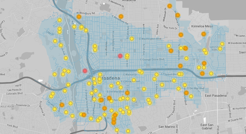 Methane leaks in Pasadena, as estimated by an Environmental Defense Fund Survey from August 2014-May2015. Yellow = low (700-9,000 liters / day), orange = medium (9,000-60,000 liters / day), red = high (>60,000 liters / day). Via EDF